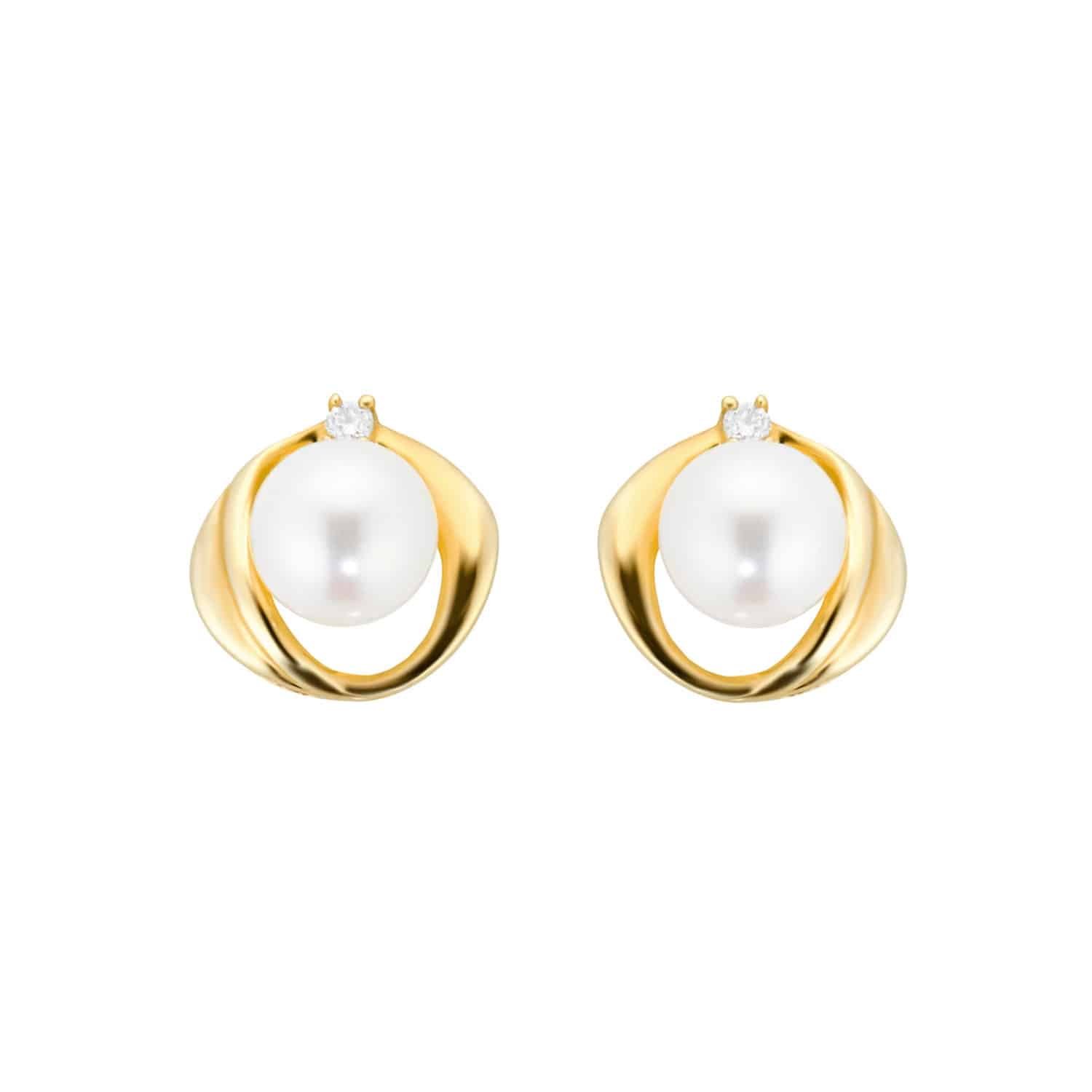 9ct Yellow Gold Fluid Pearl 0.04ct Stud Earrings