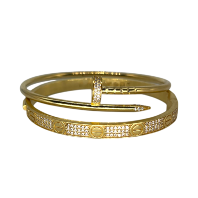 Duo Bracelets Joncs Or Jaune 18K Clou et Vis Serti